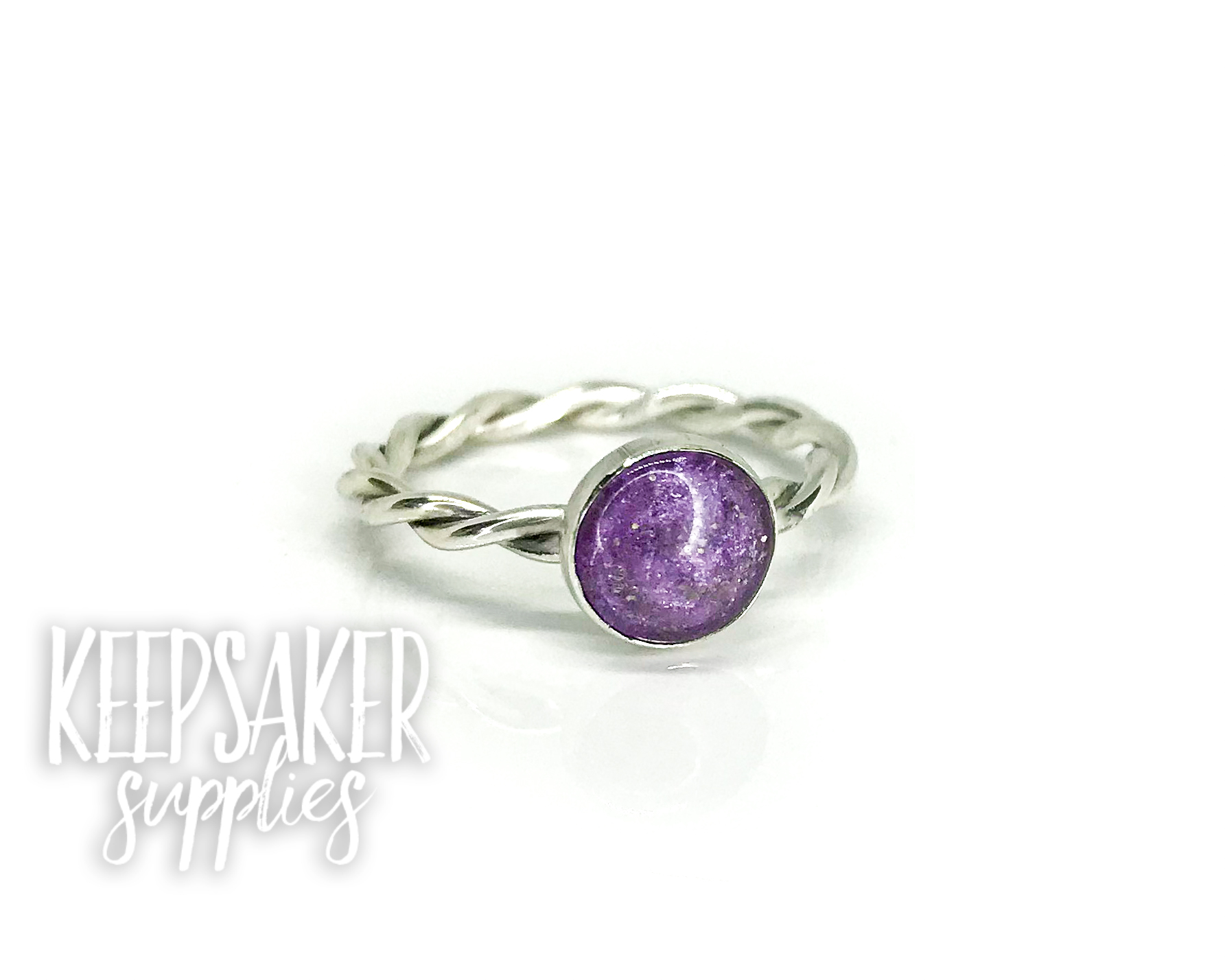 cremtion ashes ring twisted band, 8mm cabochon with ashes stone containing orchid purple resin sparkle mix