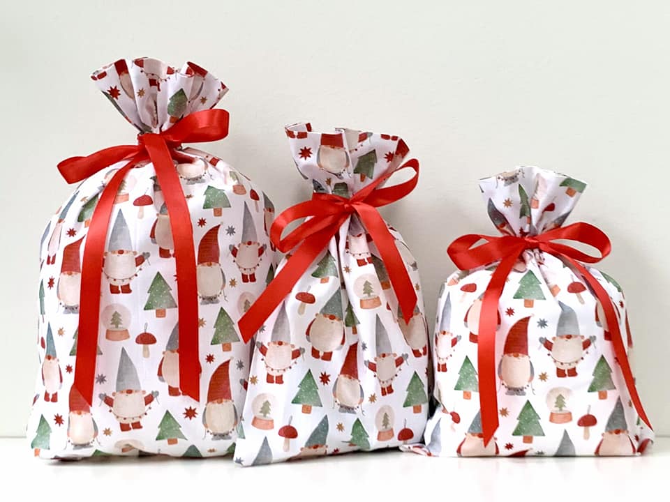 Reusable fabric gift bags, great way to reduce waste this Christmas, white background