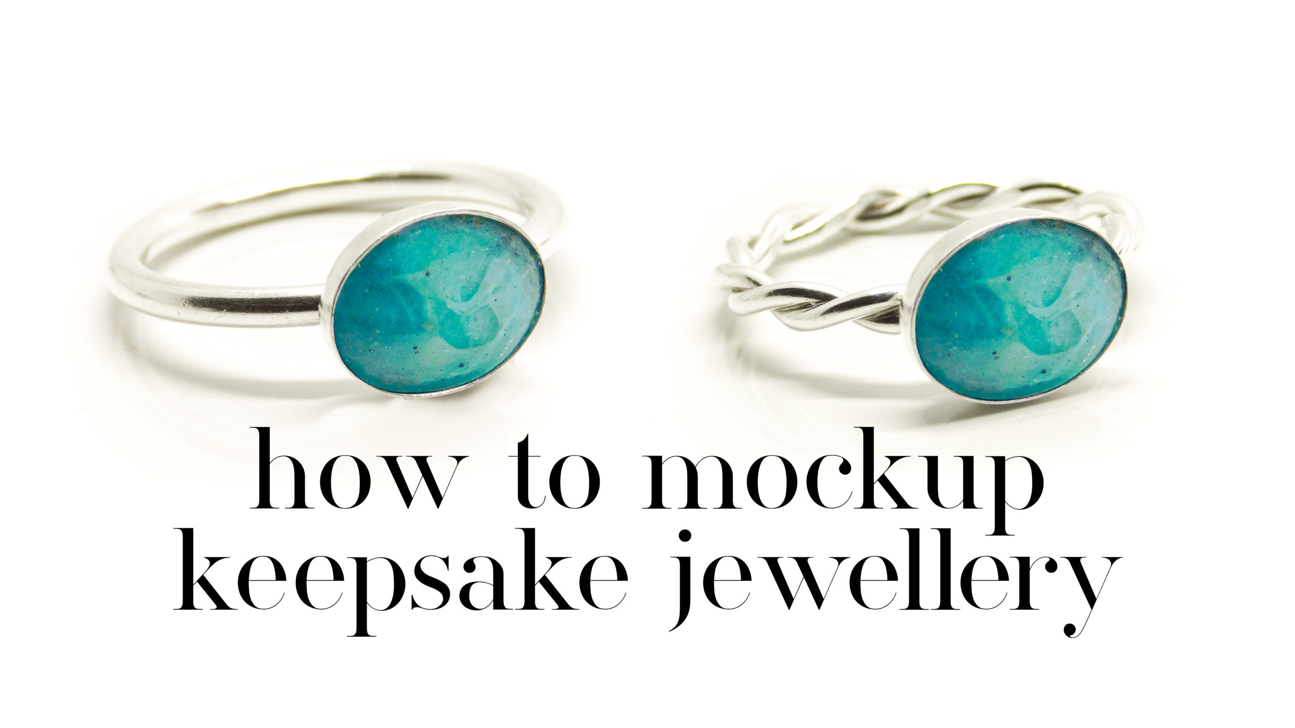 how to mockup keepsake jewellery - classic 10x8mm oval bezel ring setting and twist ring setting both with the same blue lagoon style alcohol ink cremation ashes cabochon