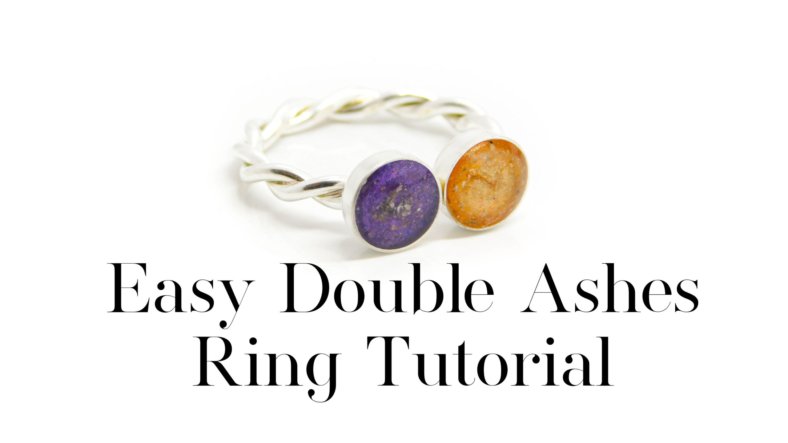 Easy Double Ashes Ring Tutorial ash duo silver ring purple orange. ashes duo ring citrine purple, solid silver twisted band setting with two grandparents' ashes. Cremains in yellow and orange sparkle mixes with citrine, and purple resin sparkle mix. 6mm direct pour bezel cup duo