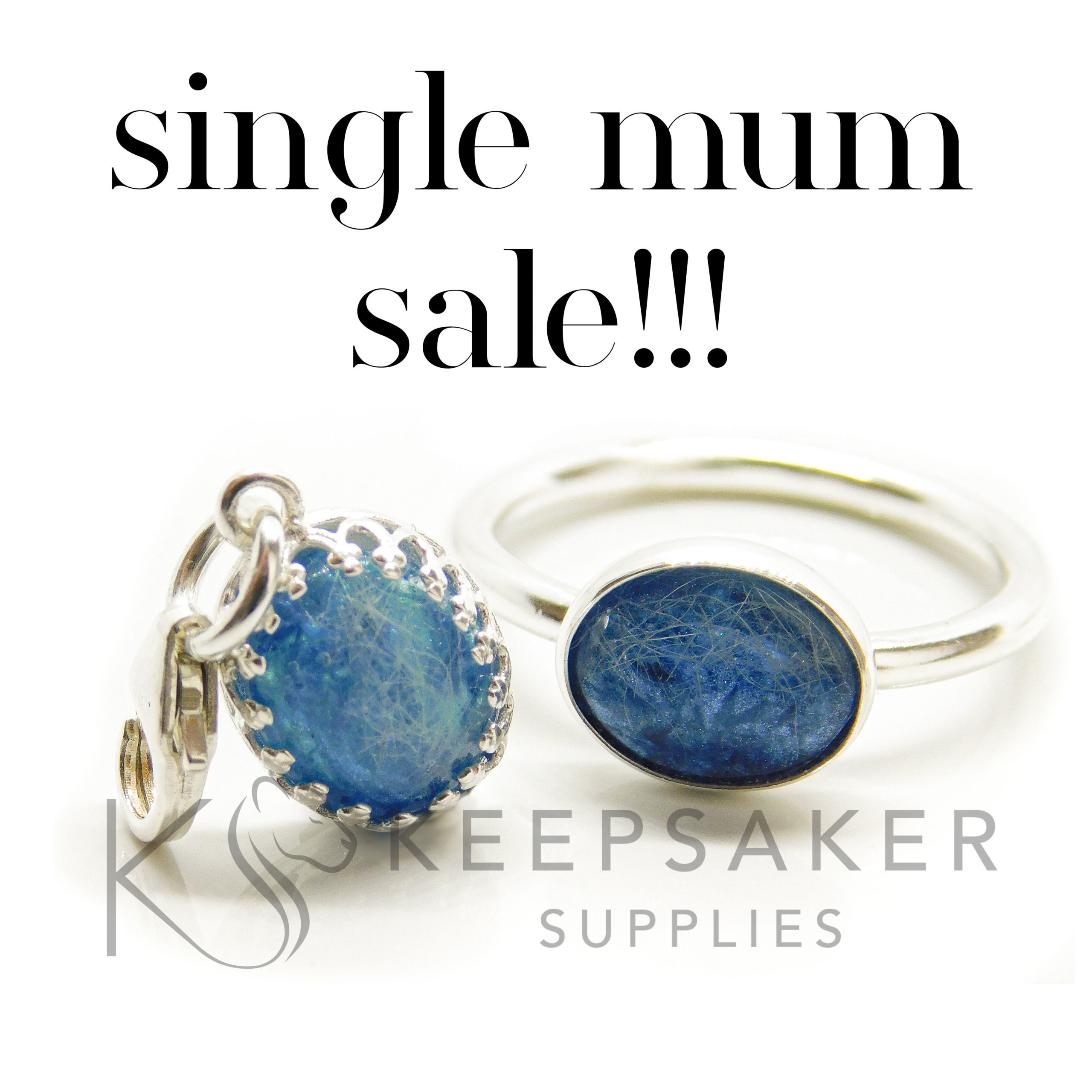 single mum sale solid silver wool keepsake dangle charm and ring, sheep roving fur memento jewellery. Handmade keepsakes with Aegean blue resin sparkle mix