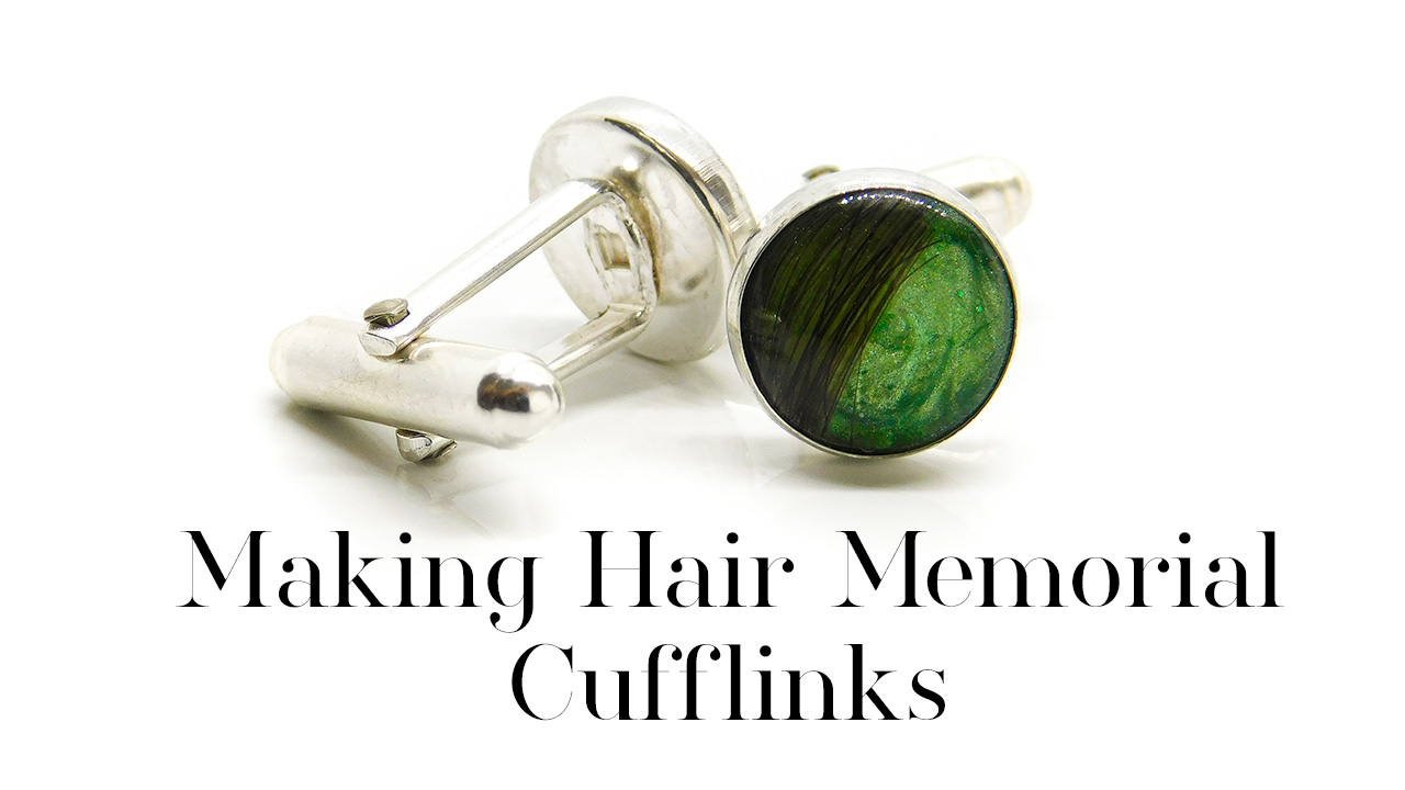 green hair cufflinks, solid sterling silver handmade cufflinks with lock of hair. Basilisk green resin sparkle mix memorial jewellery with rubover bezel setting. Made by hand memento keepsake jewelry