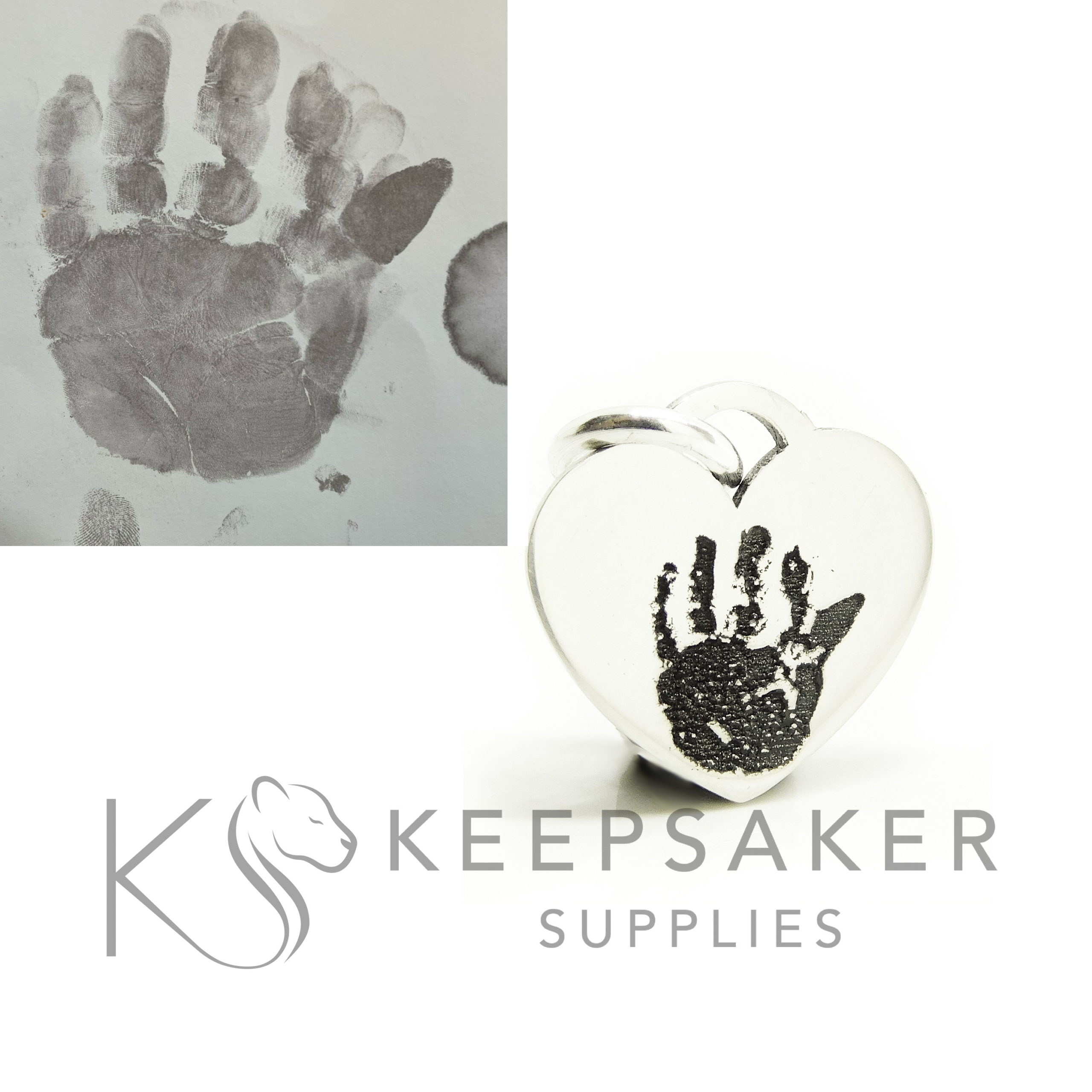 baby handprint heart necklace or dangle charm with original handprint photo sent. Baby keepsake pendant in solid silver. Shown without chain. Laser engraved, hand print mother's day mum gift ideas. Solid anti-tarnish silver 925 940 Argentium real silver handmade engraving blank Fingerprint and Handprint Engraving in 2D