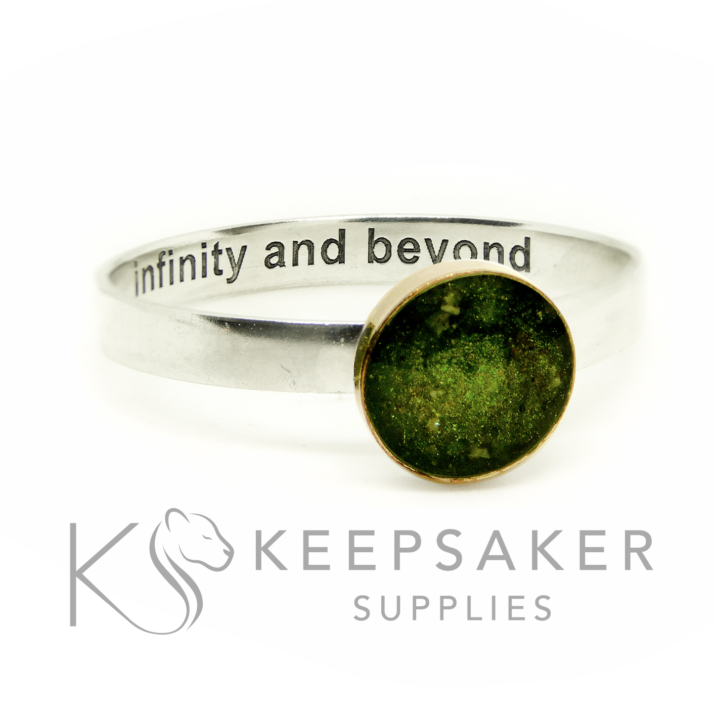 Make Resin Rings solid gold mixed metal ring, solid silver wide satin band with 7mm solid yellow gold bezel cup. No hallmark solid gold and silver ring. Engraved inside 3mm wide band with arial font. Cremation ashes with basilisk green resin sparkle mix, image mockup